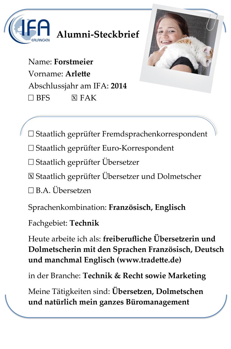 Alumni-Steckbrief der Absolventin Arlette Forstmeier
